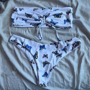 White bandeau top bikini-white with blue butterfly pattern Size L